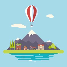 Advertisement Commercial Promotion House Village Mountains Sky Icons Modern Flat