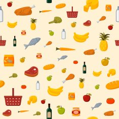 Supermarket food items seamless background