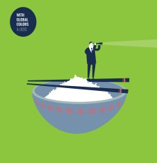 Businessman with spyglass in a rice bowl