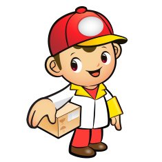 Red Delivery Man Mascot the hand is holding a Box