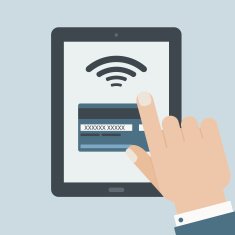credit card payment hand holding tablet flat