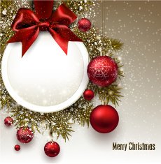 Christmas gift card with red ribbon and baubles N2