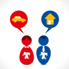 couple with car and house message bubble vector
