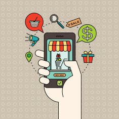 e-commerce icons and smart phone in hand digital marketing concept