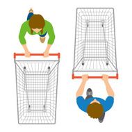 Overhead view of man and woman pushing empty trolleys