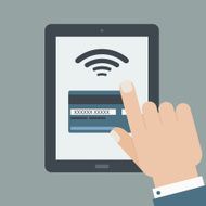 credit card payment hand holding tablet flat design