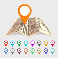 Urban map with a set of pointer icons