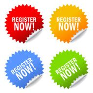 Colored Register Now stickers