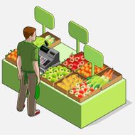 Isometric Greengrocer Shop - Man Owner Rear View Standing People