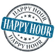 Happy Hour blue grunge round stamp on white background