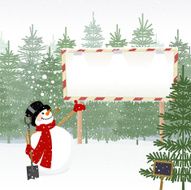 Christmas trees for sale and snowman with billboard