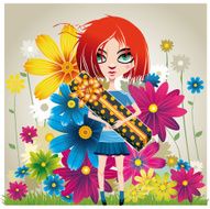 Girl with a gift and flowers