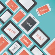 Mobile phones and tablet computers with Hello text background