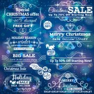 Set sale offer labels and banners over blue christmas background