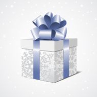 Silver gift box with a blue bow