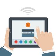 creditcard mobile payment hand holding tablet flat design isolated background