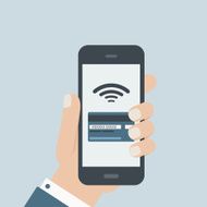 mobile credit card payment hand holding phone flat design