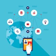 Hand touching tablet with icons Social network Communication Business concept N2