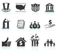 Economic stimulus bailout bill black and white vector icon set N2