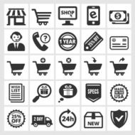 Online Shopping and Commerce black &amp; white vector icon set