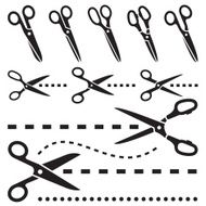 Icon set of tailor scissors with dotted lines
