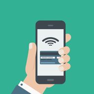 mobile credit card payment hand holding phone flat design N2