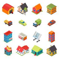 Isometric House Real Estate Car Icons Retro Flat Symbols Set