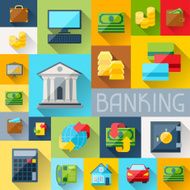 Background with banking icons in flat design style