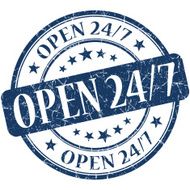 Open 24 7 grunge blue round stamp