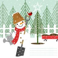 Gardener snowman potting a christmas tree and cardinal bird