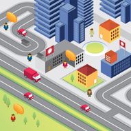 Isometric city with skyscrapers and people