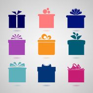 Nine colorful icons of gift boxes on light background