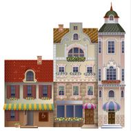 Old houses with cafe tower steeple and flowers