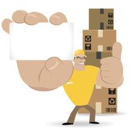Deliveryman showing a white message card and gesturing thumbs up