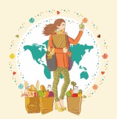 Young woman holding a shopping bag full of groceries