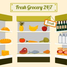 Fresh grocery foods on store shelves