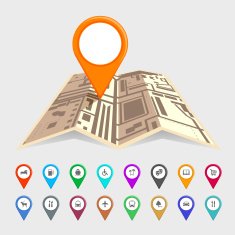 Urban map with a set of pointer icons