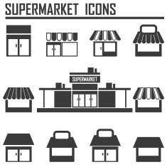 Single shop store supermarket vector icons set N2