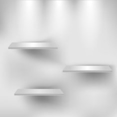 Three empty white shelves