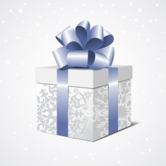 Silver gift box with a blue bow