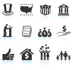 Economic stimulus bailout bill black and white vector icon set N2