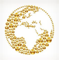 Africa and part of Asia globe made with gold buttons