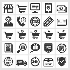 Online Shopping and Commerce black & white vector icon set