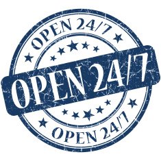 Open 24 7 grunge blue round stamp