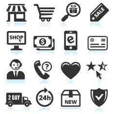 Online Shopping and Commerce black & white vector icon set N2