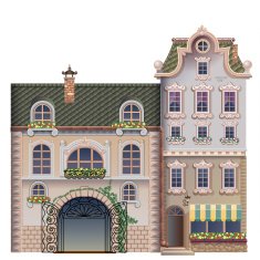 Old houses with arch gate and mansard green roofs