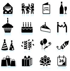Happy birthday celebration black and white vector icon set N2