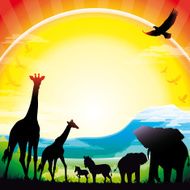 African Giraffes Elephants and Zebras silhouettes safari against Kilimanjaro