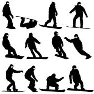 Black silhouettes set snowboarders on white background
