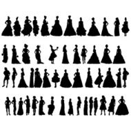 Vector silhouettes of women in period dresses N2